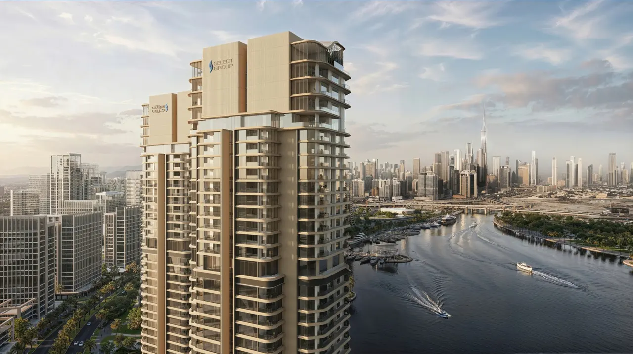 Artistry Two Residences by Select Group tower exterior with canal waterfront and Dubai skyline view in Dubai - Presented by Tohid Fetrat