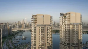 Artistry Two Residences by Select Group twin towers exterior with waterfront marina and Dubai skyline view in Dubai - Presented by Tohid Fetrat