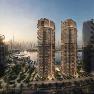 Artistry Two Residences by Select Group twin towers exterior with waterfront and Dubai skyline view in Dubai - Presented by Tohid Fetrat