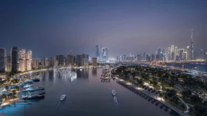 Artistry Two Residences by Select Group waterfront marina night view with illuminated skyline and canal in Dubai - Presented by Tohid Fetrat