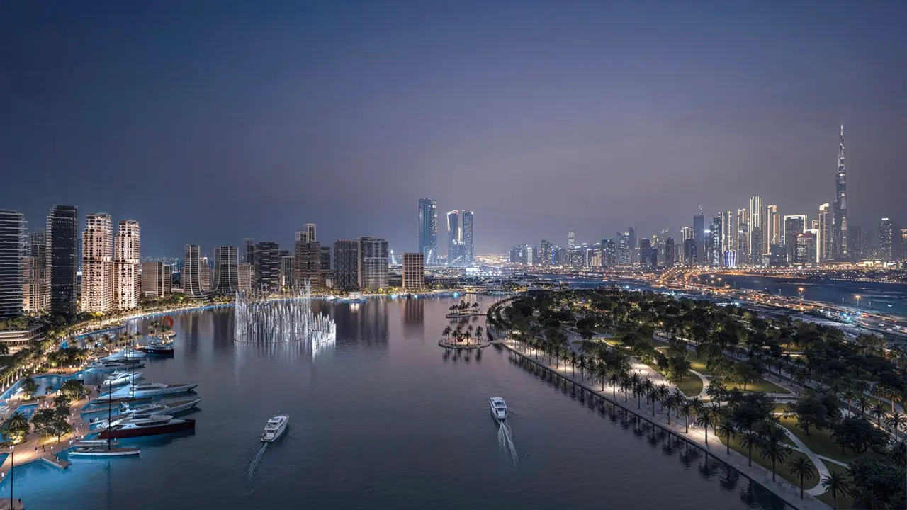 Artistry Two Residences by Select Group waterfront marina night view with illuminated skyline and canal in Dubai - Presented by Tohid Fetrat