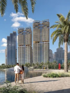 Artistry Two Residences by Select Group waterfront promenade with twin towers and marina setting in Dubai - Presented by Tohid Fetrat