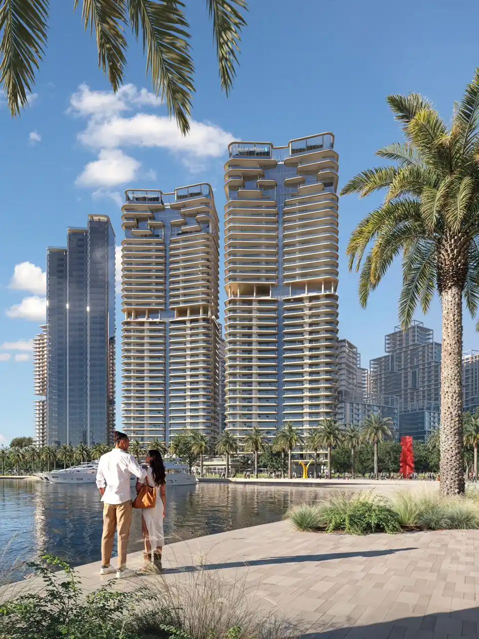 Artistry Two Residences by Select Group waterfront promenade with twin towers and marina setting in Dubai - Presented by Tohid Fetrat