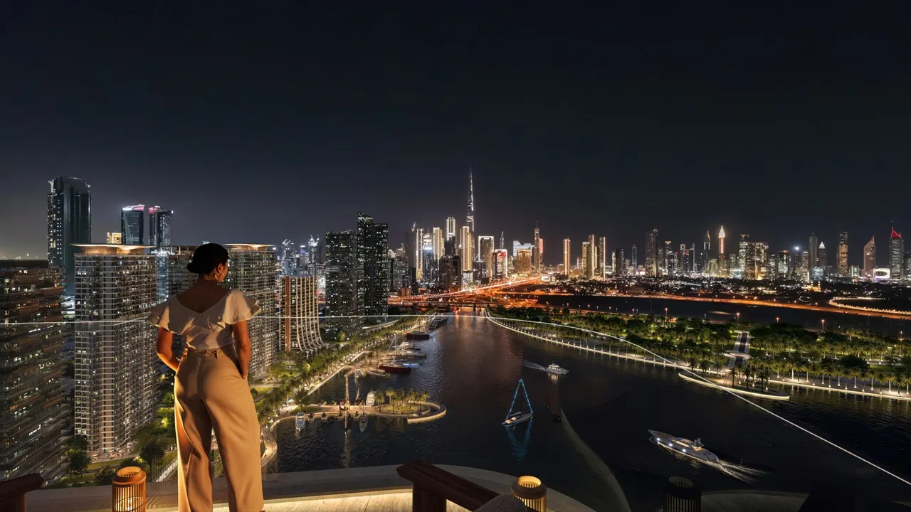 Artistry Two Residences by Select Group waterfront skyline night view with illuminated Dubai skyline and marina in Dubai - Presented by Tohid Fetrat