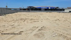 Avarra by Palace construction update April 2026 showing cleared sandy plot and perimeter fencing in Business Bay Dubai captured by Tohid Fetrat