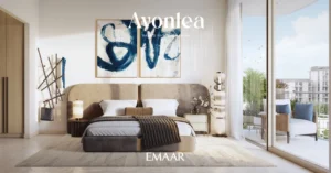 Avonlea at Rashid Yachts & Marina by Emaar modern bedroom interior with soft neutral finishes, abstract wall art, and balcony view in Dubai Presented by Tohid Fetrat