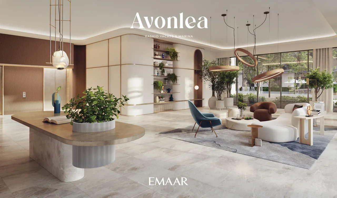 Avonlea at Rashid Yachts & Marina by Emaar elegant lobby interior with designer seating, statement lighting, and modern finishes in Dubai Presented by Tohid Fetrat