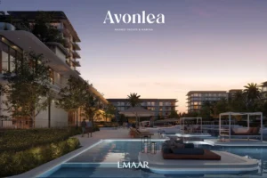 Avonlea at Rashid Yachts & Marina by Emaar luxury pool deck with lounge cabanas and residential buildings at sunset in Dubai Presented by Tohid Fetrat