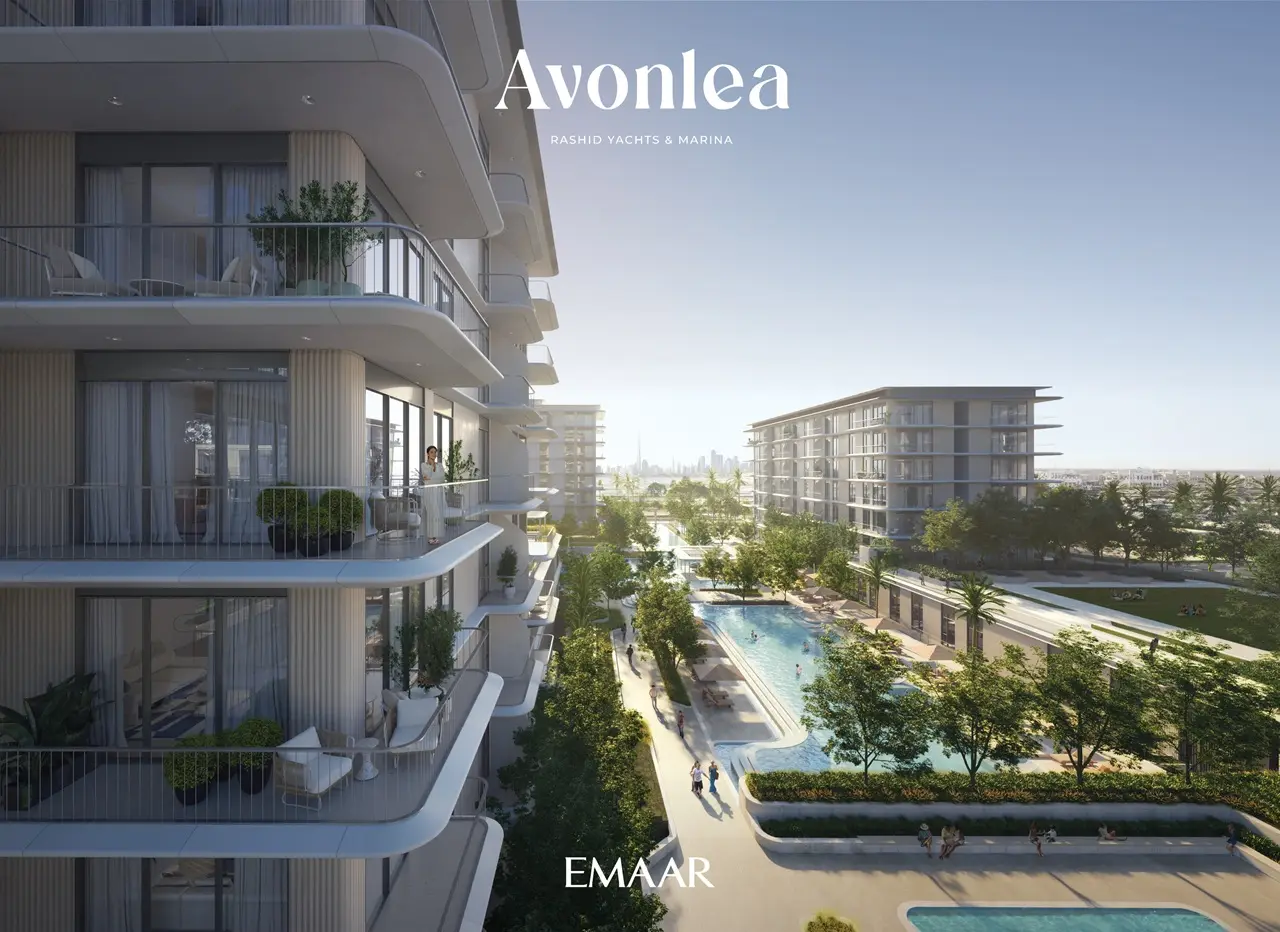 Avonlea at Rashid Yachts & Marina by Emaar residential buildings with balconies overlooking landscaped pool area in Dubai Presented by Tohid Fetrat
