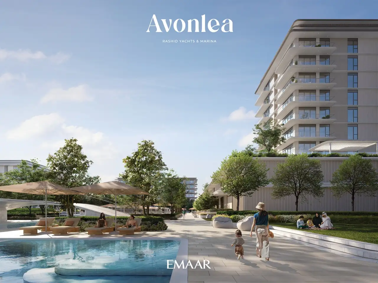 Avonlea at Rashid Yachts & Marina by Emaar landscaped poolside walkway with modern residential building and outdoor seating in Dubai Presented by Tohid Fetrat