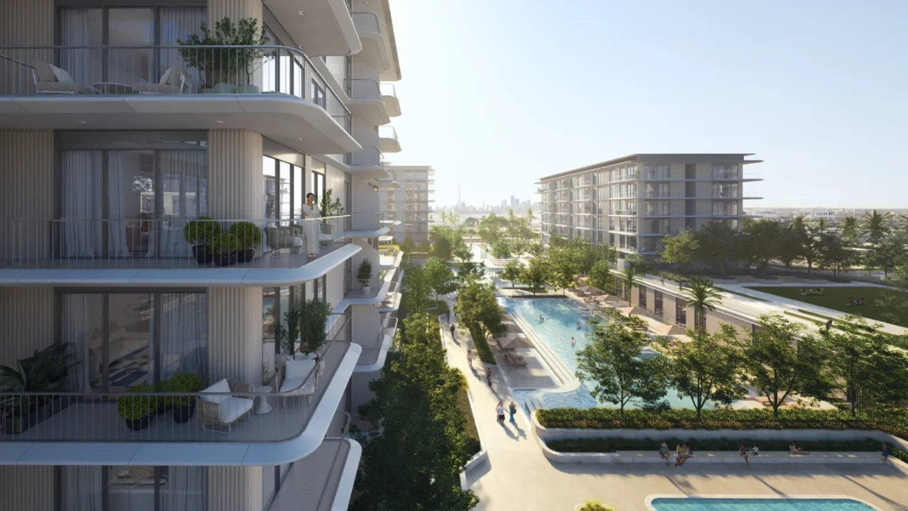 Bayline at Rashid Yachts & Marina by Emaar apartment balconies overlooking landscaped pool and residential community spaces in Dubai Presented by Tohid Fetrat