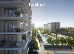 Bayline at Rashid Yachts & Marina by Emaar exterior apartment view overlooking landscaped pool and modern balconies in Dubai Presented by Tohid Fetrat