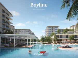 Bayline at Rashid Yachts & Marina by Emaar lagoon style pool with shaded cabanas and modern residential buildings in Dubai Presented by Tohid Fetrat