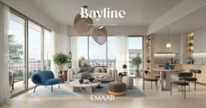 Bayline at Rashid Yachts & Marina by Emaar open plan living and dining interior with modern furnishings and large windows in Dubai Presented by Tohid Fetrat