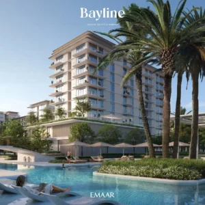 Bayline at Rashid Yachts & Marina by Emaar apartment exterior with palm lined pool and landscaped leisure setting in Dubai Presented by Tohid Fetrat