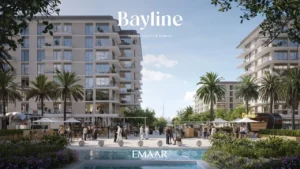 Bayline at Rashid Yachts & Marina by Emaar podium retail promenade with palm lined walkways and residential towers in Dubai Presented by Tohid Fetrat