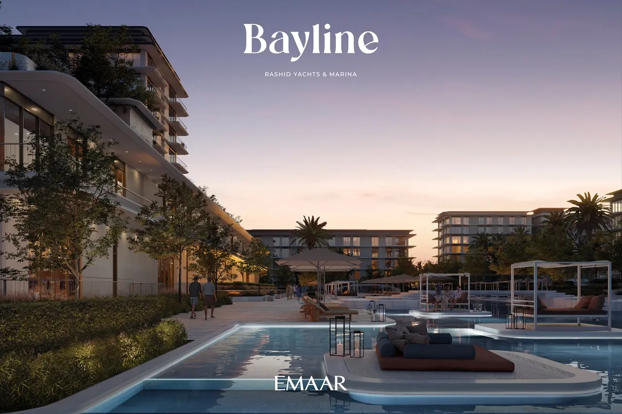 Bayline at Rashid Yachts & Marina by Emaar luxury pool amenities and landscaped outdoor leisure area in Dubai Presented by Tohid Fetrat
