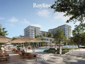 Bayline at Rashid Yachts & Marina by Emaar pool deck with sun loungers, shaded seating, and landscaped residential surroundings in Dubai Presented by Tohid Fetrat