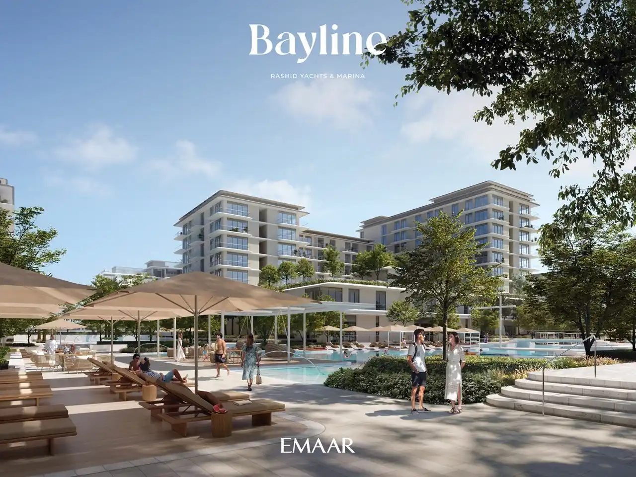 Bayline at Rashid Yachts & Marina by Emaar pool deck with sun loungers, shaded seating, and landscaped residential surroundings in Dubai Presented by Tohid Fetrat