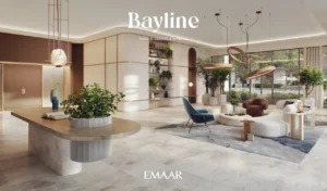 Bayline at Rashid Yachts & Marina by Emaar lobby interior with designer lounge seating, curated decor, and garden facing windows in Dubai Presented by Tohid Fetrat