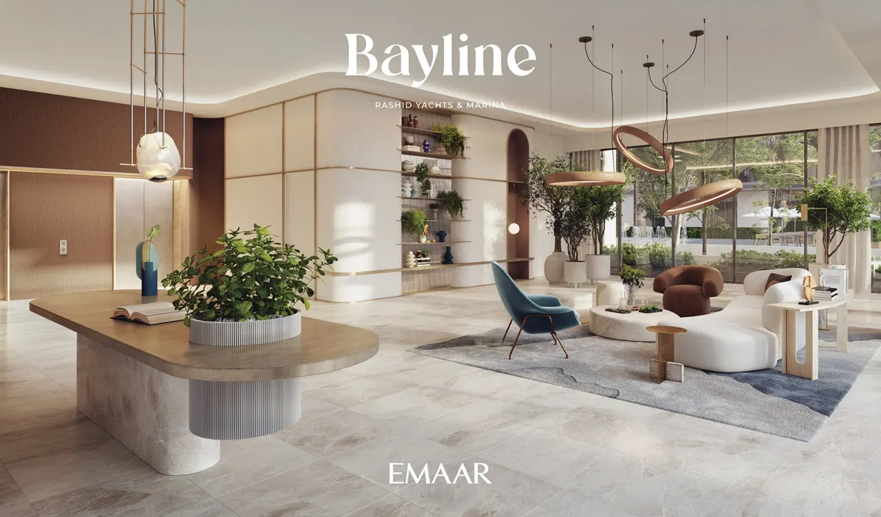 Bayline at Rashid Yachts & Marina by Emaar lobby interior with designer lounge seating, curated decor, and garden facing windows in Dubai Presented by Tohid Fetrat