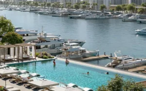 Baystar by Vida at Rashid Yachts & Marina by Emaar infinity pool overlooking marina with yachts and waterfront skyline in Dubai - Presented by Tohid Fetrat