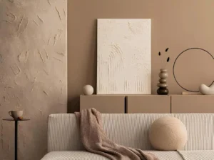 Baystar by Vida at Rashid Yachts & Marina by Emaar modern living room interior with neutral tones textured wall and minimalist decor in Dubai - Presented by Tohid Fetrat