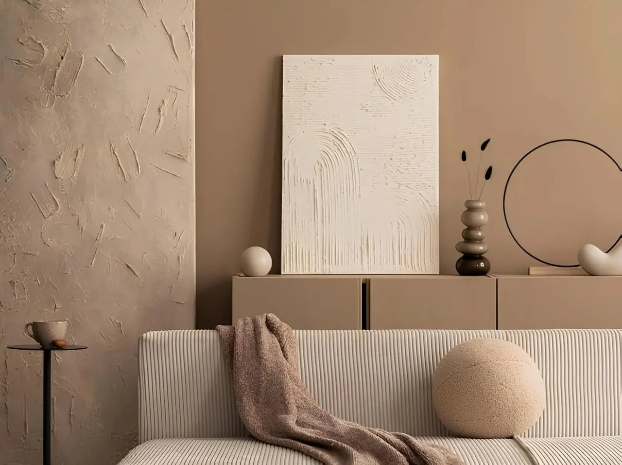 Baystar by Vida at Rashid Yachts & Marina by Emaar modern living room interior with neutral tones textured wall and minimalist decor in Dubai - Presented by Tohid Fetrat