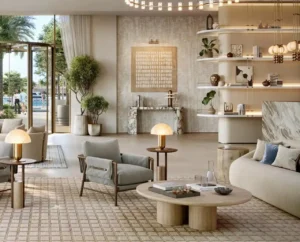 Baystar by Vida at Rashid Yachts & Marina by Emaar elegant lobby interior with modern seating marble accents and floor to ceiling glass in Dubai - Presented by Tohid Fetrat