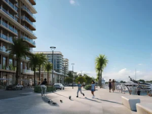 Baystar by Vida at Rashid Yachts & Marina by Emaar waterfront promenade with palm lined walkways marina views and residential buildings in Dubai - Presented by Tohid Fetrat