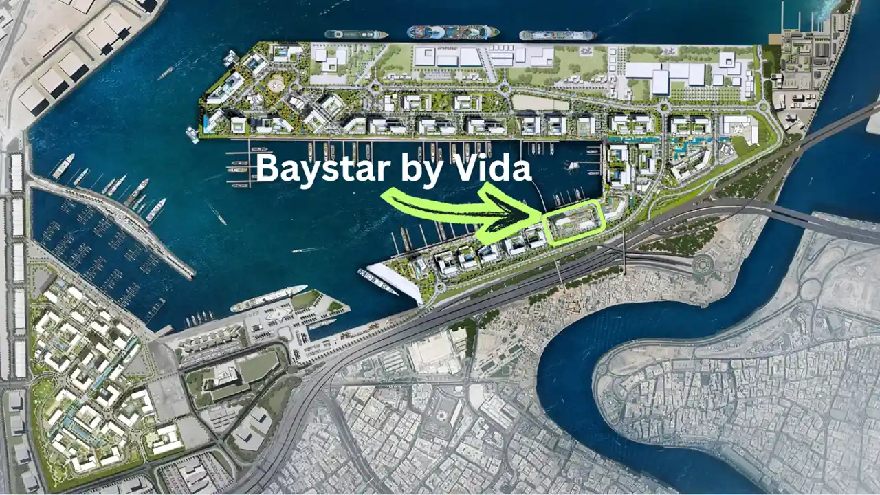 Baystar by Vida at Rashid Yachts & Marina by Emaar masterplan map highlighting project location within waterfront marina community in Dubai - Presented by Tohid Fetrat