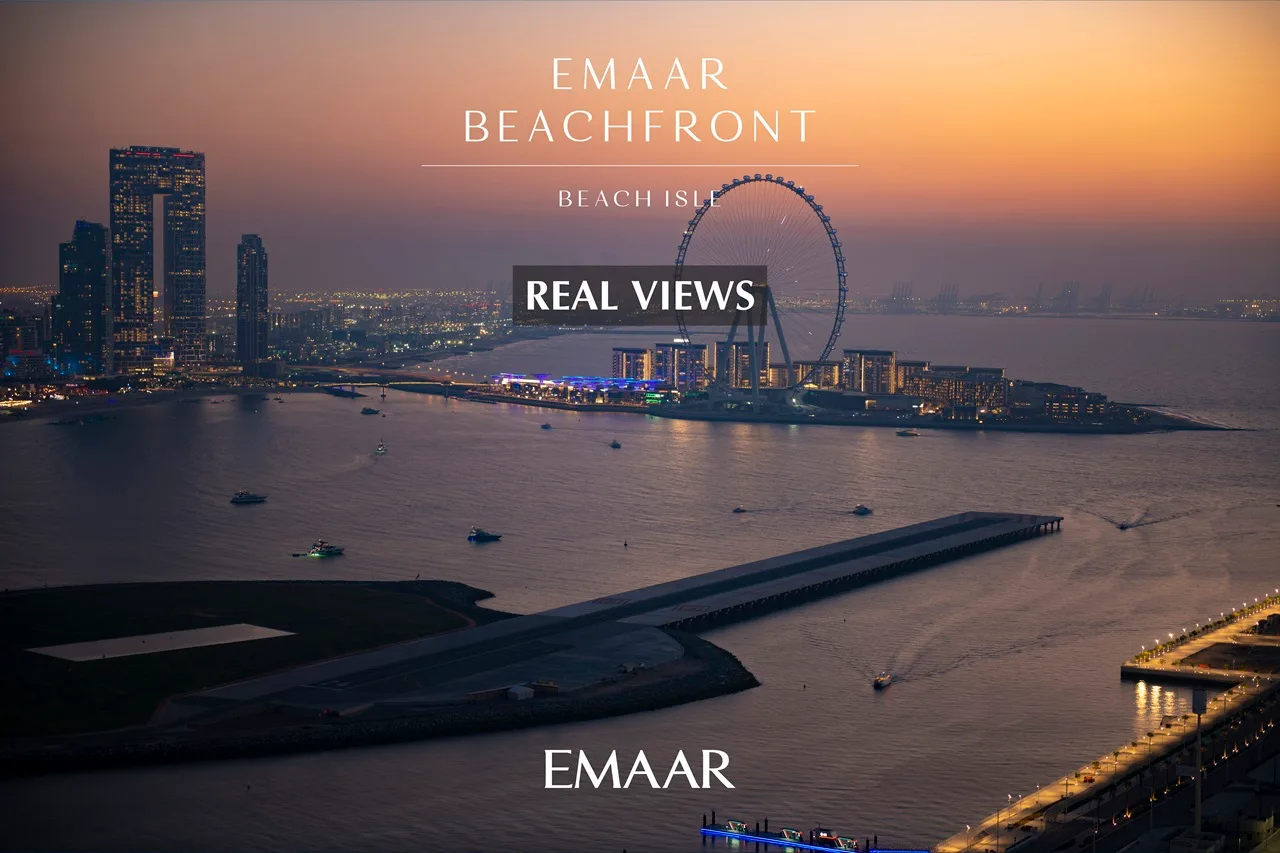 Beach Isle at Emaar Beachfront by Emaar aerial night real views of Ain Dubai and waterfront skyline in Dubai - Presented by Tohid Fetrat