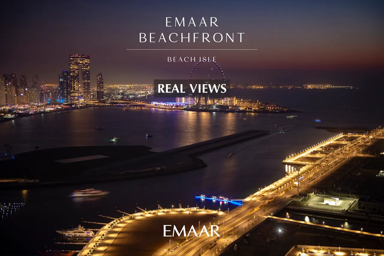 Beach Isle at Emaar Beachfront by Emaar aerial night view of Ain Dubai and illuminated waterfront skyline in Dubai - Presented by Tohid Fetrat