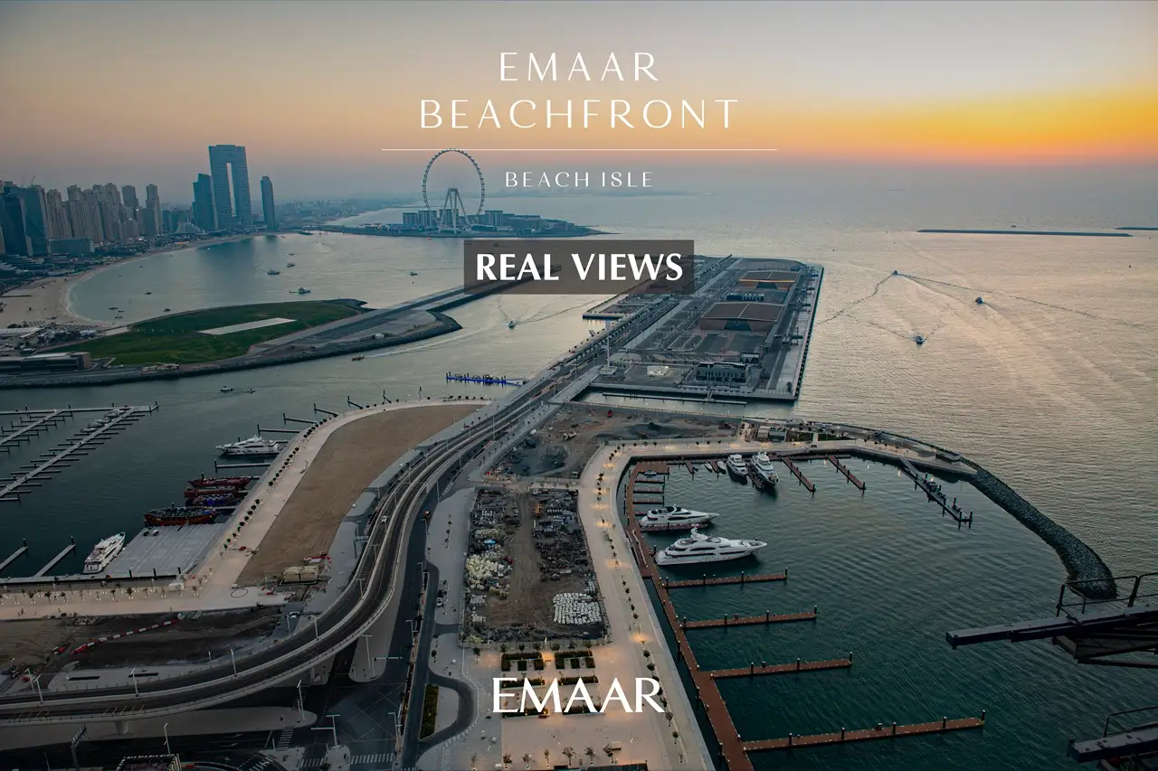 Beach Isle at Emaar Beachfront by Emaar aerial real views of Dubai Harbour marina coastline and skyline at sunset in Dubai - Presented by Tohid Fetrat