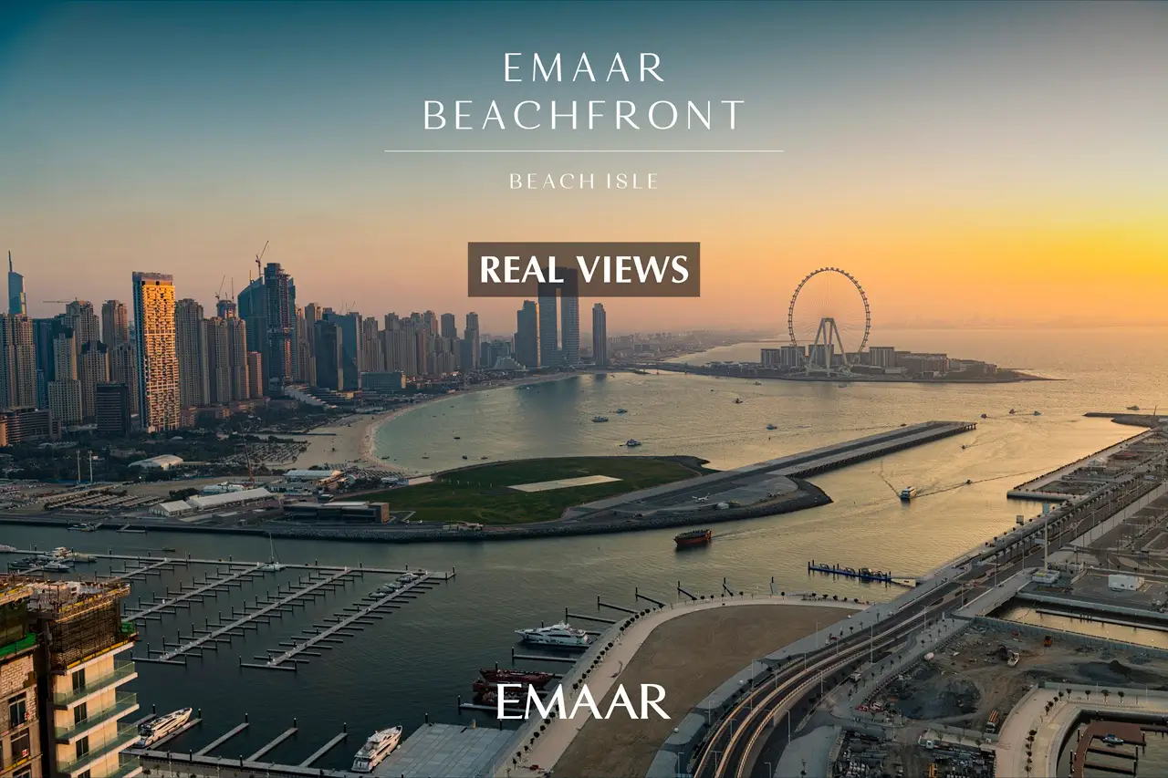 Beach Isle at Emaar Beachfront by Emaar aerial real views of Dubai Marina skyline coastline and waterfront at sunset in Dubai - Presented by Tohid Fetrat