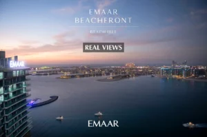 Beach Isle at Emaar Beachfront by Emaar aerial night real views of Palm Jumeirah coastline and illuminated waterfront in Dubai - Presented by Tohid Fetrat