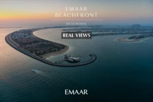 Beach Isle at Emaar Beachfront by Emaar aerial sunset real views of Palm Jumeirah coastline and surrounding Gulf waters in Dubai - Presented by Tohid Fetrat