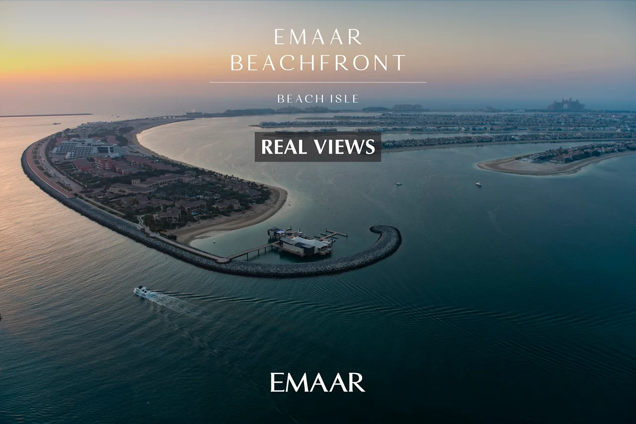 Beach Isle at Emaar Beachfront by Emaar aerial sunset real views of Palm Jumeirah coastline and surrounding Gulf waters in Dubai - Presented by Tohid Fetrat
