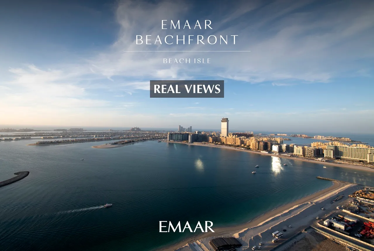 Beach Isle at Emaar Beachfront by Emaar aerial real views of Palm Jumeirah coastline and surrounding waterfront in Dubai - Presented by Tohid Fetrat