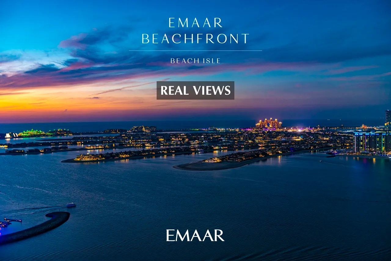 Beach Isle at Emaar Beachfront by Emaar aerial sunset real views of Palm Jumeirah coastline and illuminated waterfront in Dubai - Presented by Tohid Fetrat