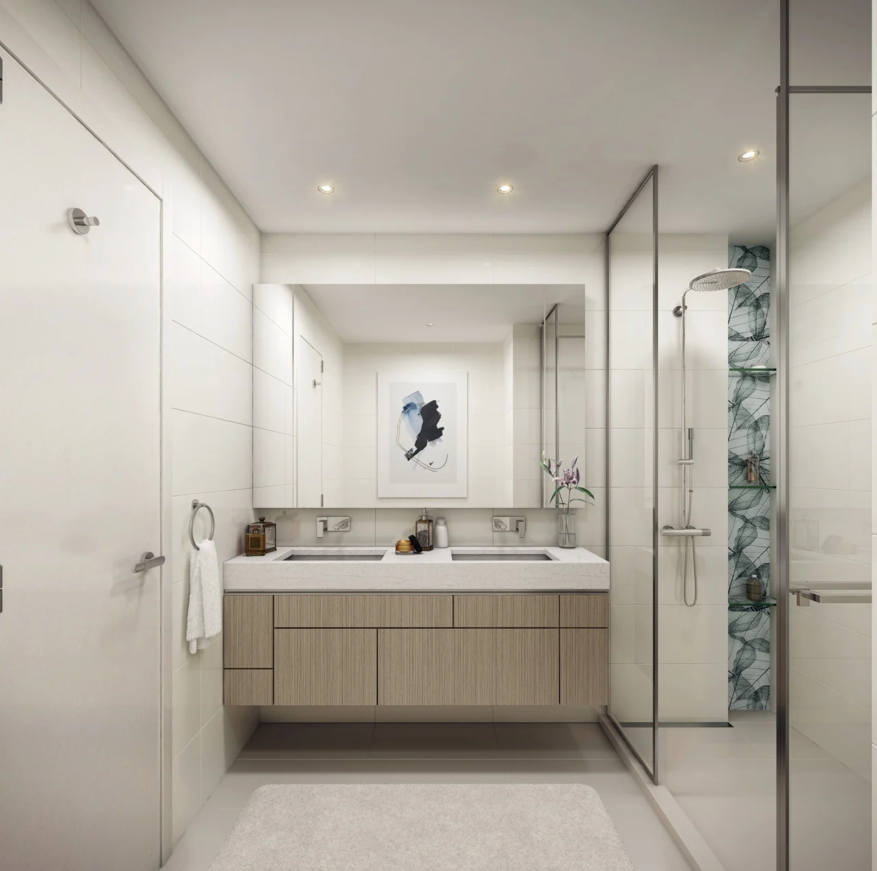 Beach Isle at Emaar Beachfront by Emaar modern bathroom with double vanity walk in shower and clean finishes in Dubai - Presented by Tohid Fetrat