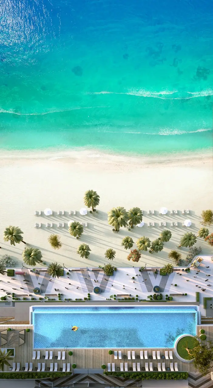 Beach Isle at Emaar Beachfront by Emaar aerial view of beachfront pool and private beach with Gulf waters in Dubai - Presented by Tohid Fetrat