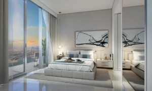 Beach Isle at Emaar Beachfront by Emaar bedroom interior with floor to ceiling windows and Gulf view in Dubai - Presented by Tohid Fetrat