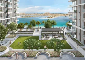 Beach Isle at Emaar Beachfront by Emaar landscaped courtyard with seating areas and Gulf view between residential buildings in Dubai - Presented by Tohid Fetrat