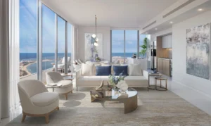 Beach Isle at Emaar Beachfront by Emaar living room with floor to ceiling windows and panoramic Gulf view in Dubai - Presented by Tohid Fetrat