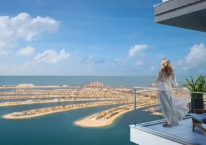 Beach Isle at Emaar Beachfront by Emaar balcony view overlooking Palm Jumeirah and Gulf skyline in Dubai - Presented by Tohid Fetrat