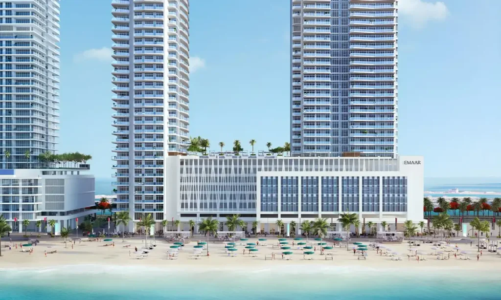 Beach Isle at Emaar Beachfront by Emaar exterior towers with beachfront promenade and sandy beach in Dubai - Presented by Tohid Fetrat