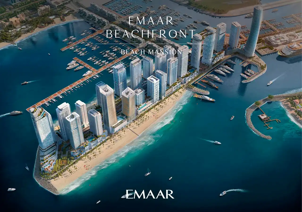 Beach Mansion at Emaar Beachfront by Emaar aerial community view with marina coastline and waterfront towers in Dubai Presented by Tohid Fetrat