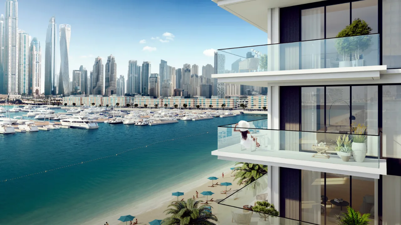 Beach Mansion at Emaar Beachfront by Emaar balcony overlooking marina skyline beach and waterfront in Dubai Presented by Tohid Fetrat