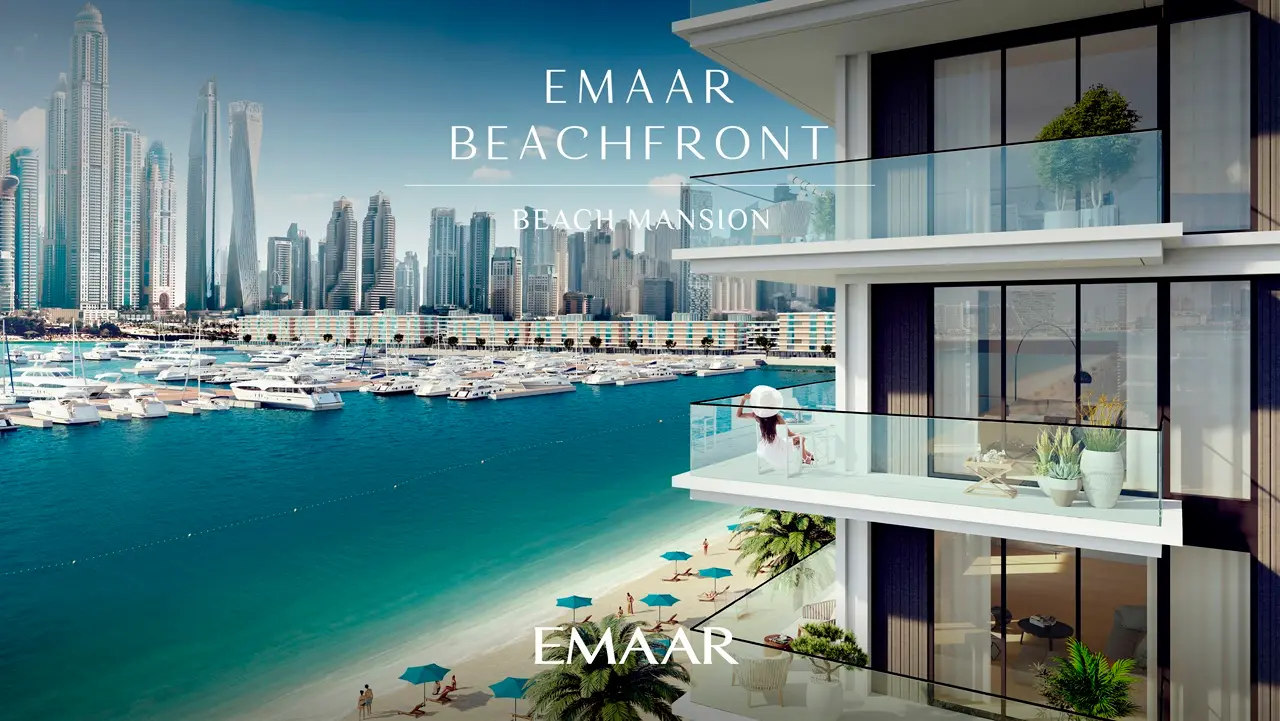 Beach Mansion at Emaar Beachfront by Emaar balcony view overlooking the marina skyline and beachfront in Dubai Presented by Tohid Fetrat